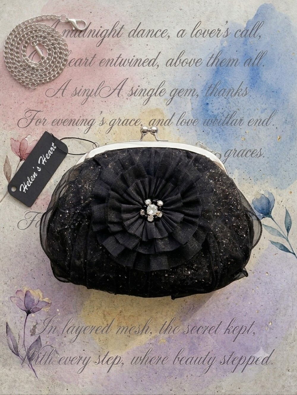 Helenโs Heart Black Silver Evening Bag Convertible Crossbody Clutch NWT